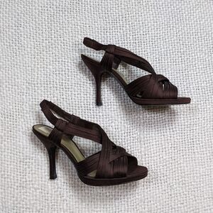 Retro Y2K Jacqueline Ferrar Chocolate Brown Sexy Satin‎ Strappy Y2K Heels - 6.5